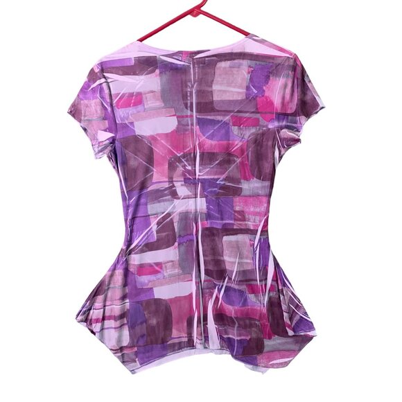 MKM Womens Size Medium Vneck Sublimation Tunic Top Shirt Purple Print Short slee - Picture 2 of 5